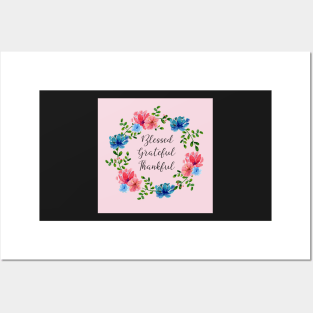 Floral Wreath Blessed Grateful Thankful Gratitude Message (Soft Pink) Posters and Art